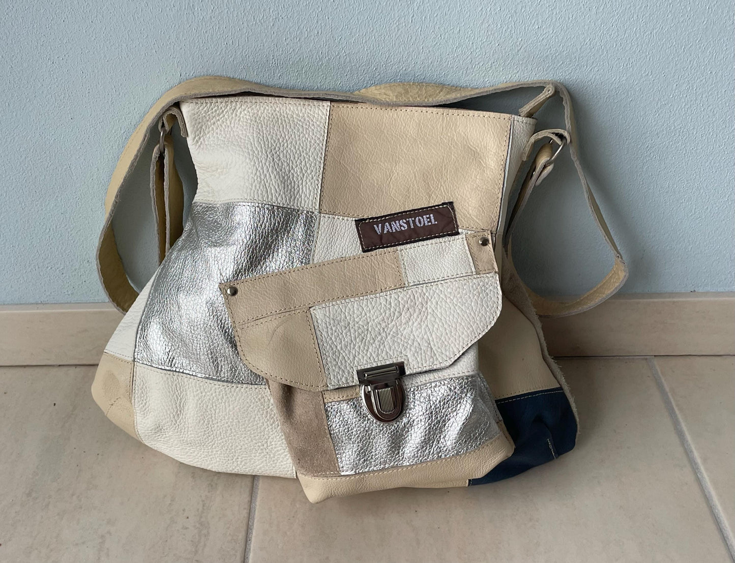 Patchwork Schoudertas van Leer VanStoel#323 BEIGE ZILVER