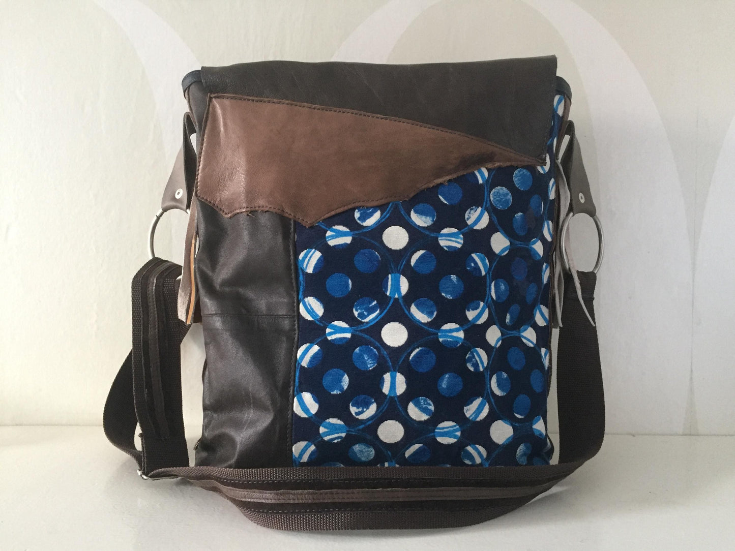 Denim Schoudertas met Leer VanStoel#170 BRUIN BLAUW