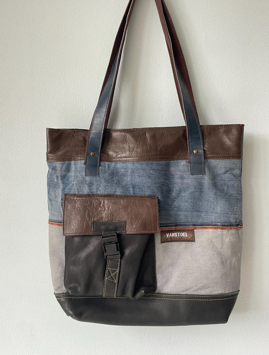 Shopper van Denim en Leer VanStoel#262 BLAUW BRUIN