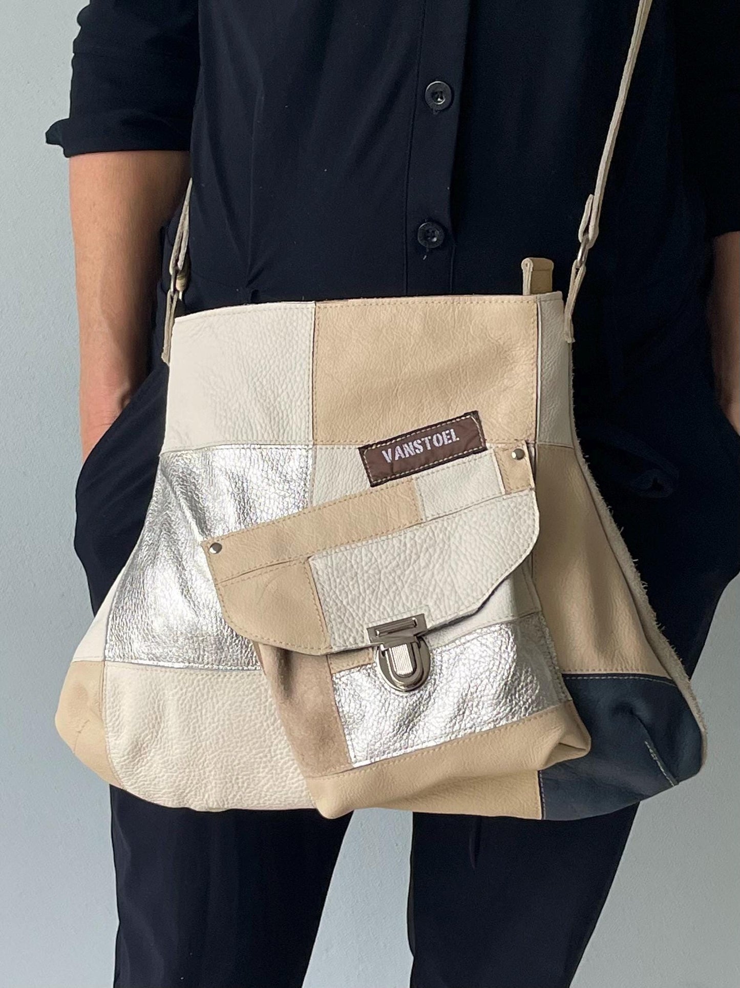 Patchwork Schoudertas van Leer VanStoel#323 BEIGE ZILVER