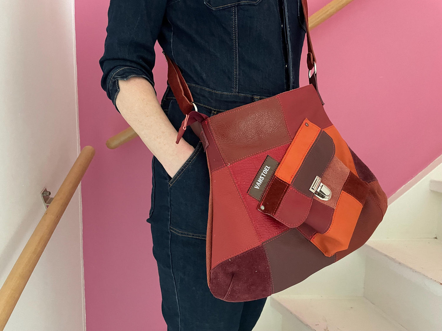 Patchwork Schoudertas van Leer VanStoel#322 ROOD ORANJE