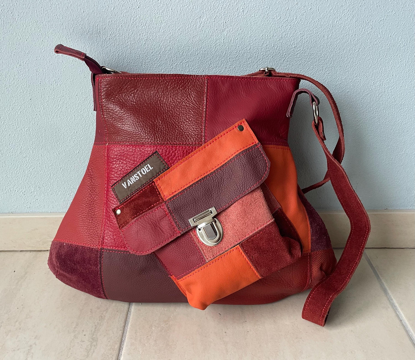 Patchwork Schoudertas van Leer VanStoel#322 ROOD ORANJE