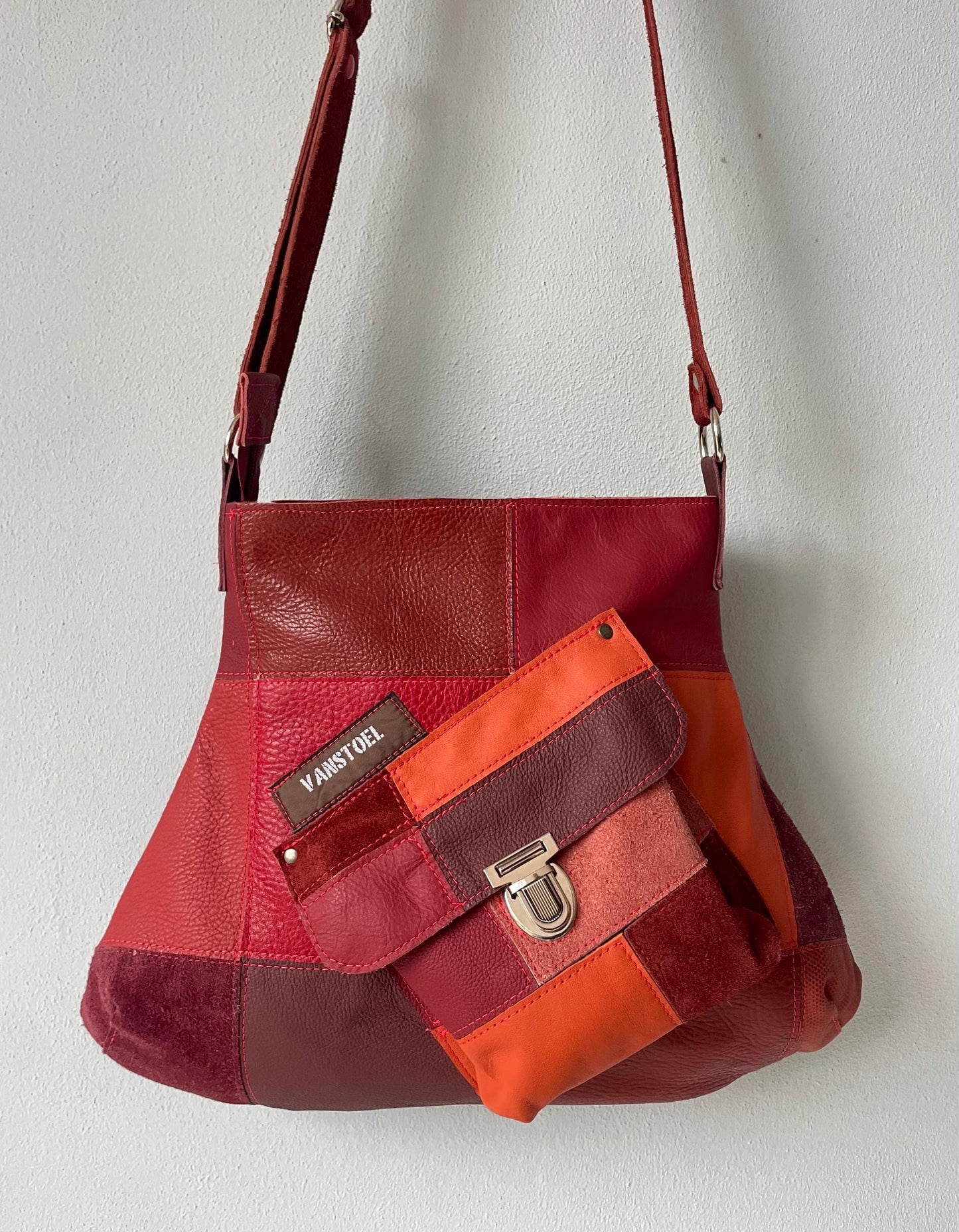 Patchwork Schoudertas van Leer VanStoel#322 ROOD ORANJE