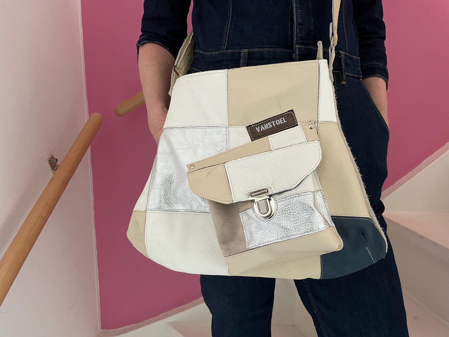 Patchwork Schoudertas van Leer VanStoel#323 BEIGE ZILVER