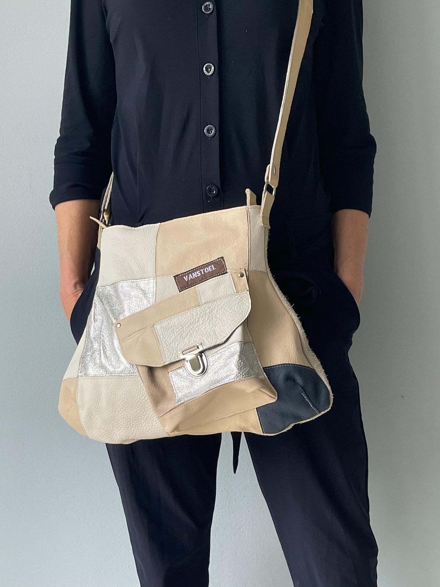 Patchwork Schoudertas van Leer VanStoel#323 BEIGE ZILVER
