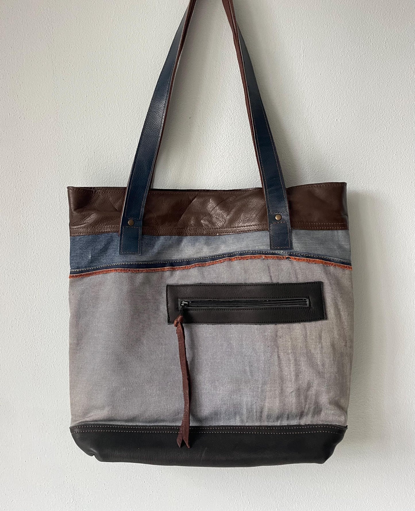 Shopper van Denim en Leer VanStoel#262 BLAUW BRUIN