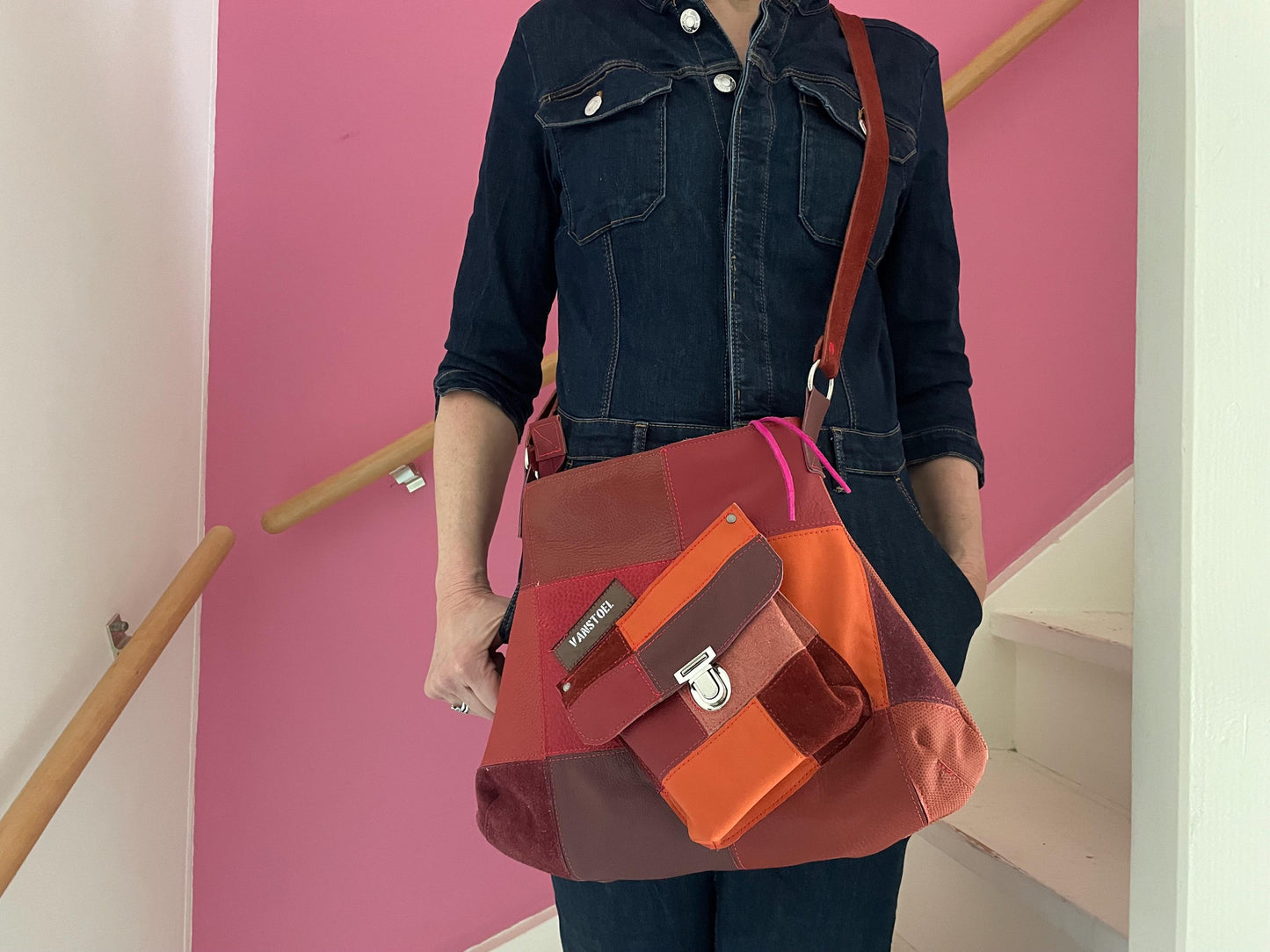 Patchwork Schoudertas van Leer VanStoel#322 ROOD ORANJE