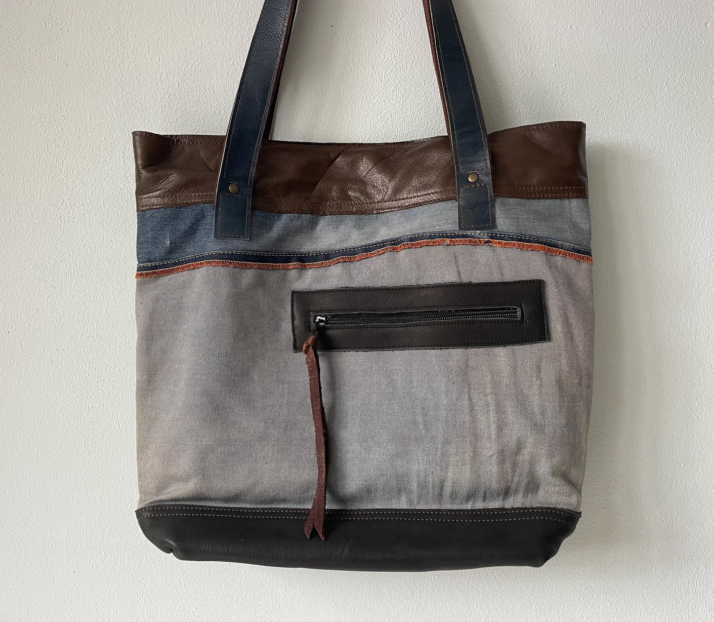 Shopper van Denim en Leer VanStoel#262 BLAUW BRUIN