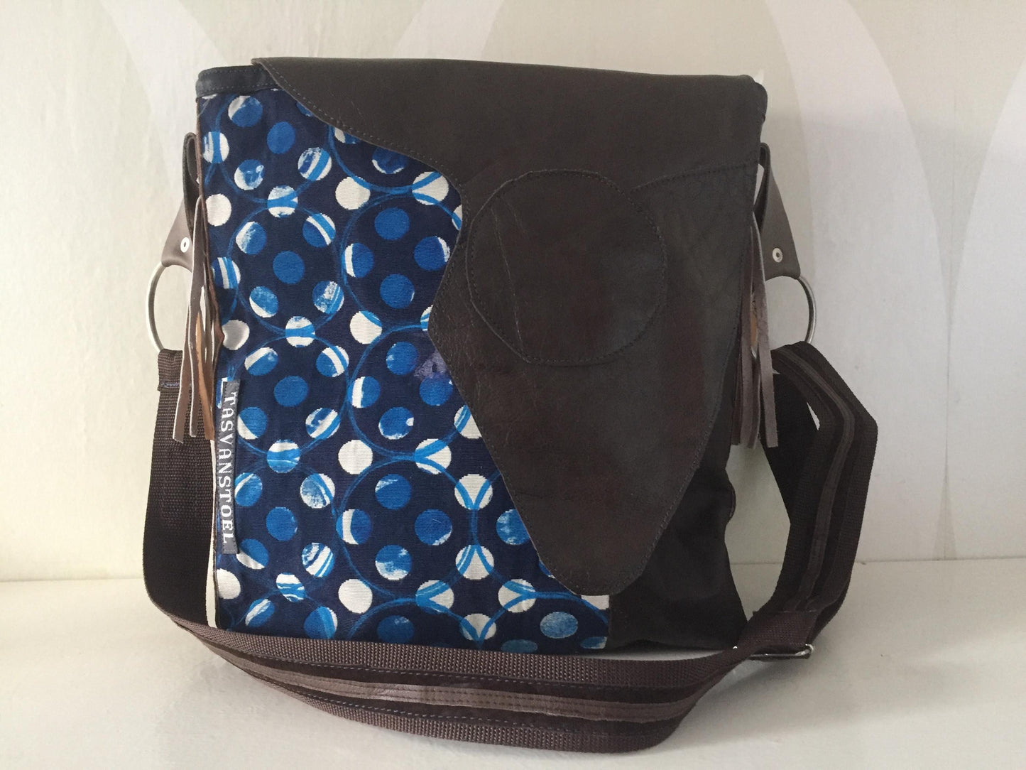 Denim Schoudertas met Leer VanStoel#170 BRUIN BLAUW