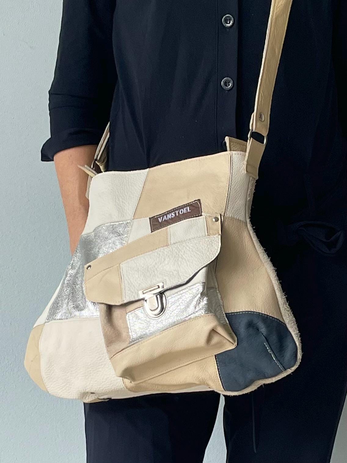 Patchwork Schoudertas van Leer VanStoel#323 BEIGE ZILVER