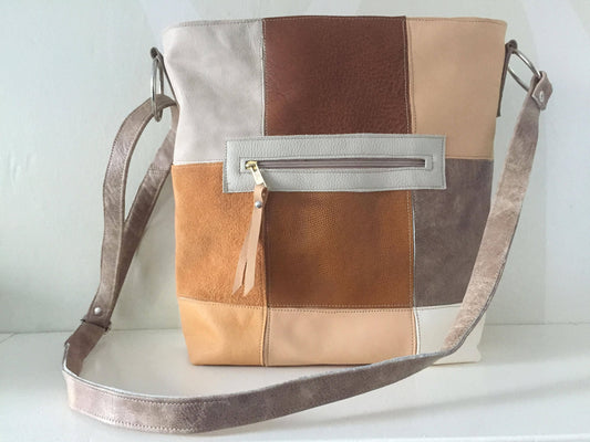 Patchwork Schoudertas van Leer VanStoel#224 BRUIN BEIGE
