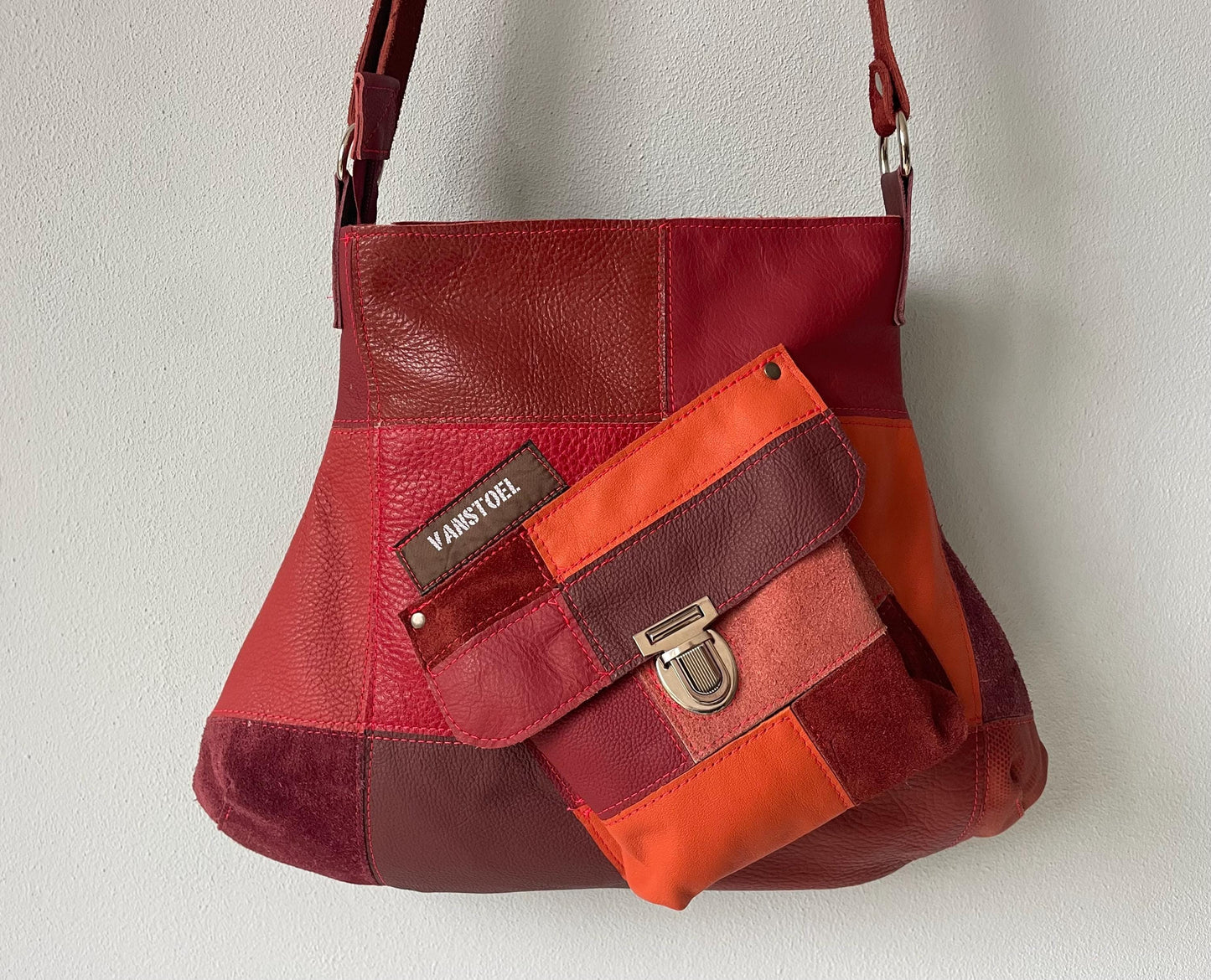 Patchwork Schoudertas van Leer VanStoel#322 ROOD ORANJE