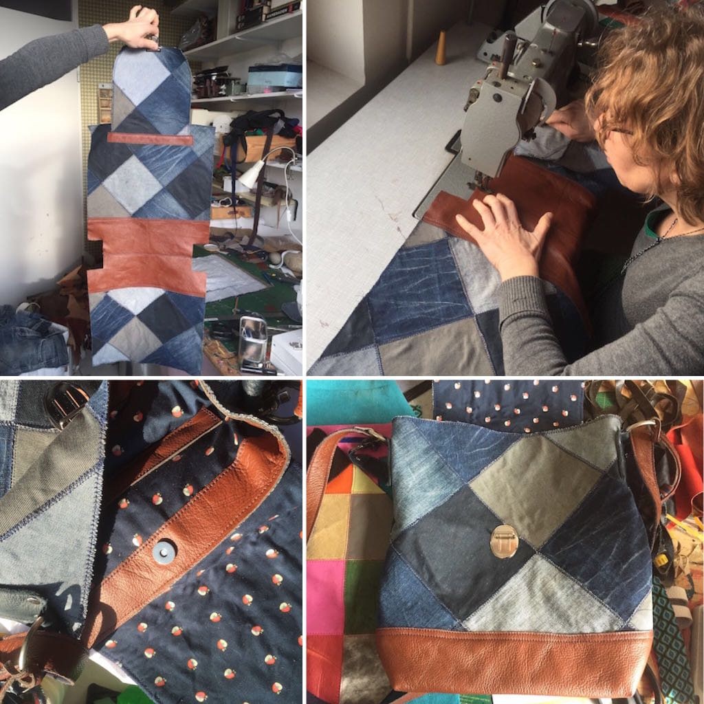 Patchwork Schoudertas van Denim en Leer VanStoel#251 BLAUW BRUIN