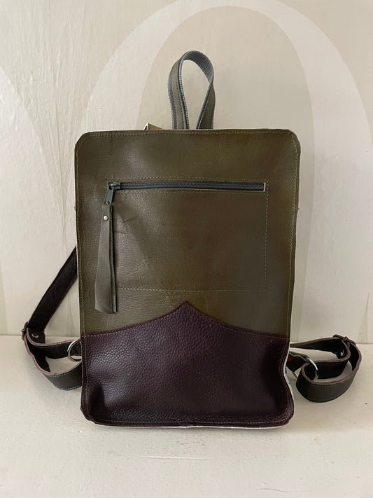 Leren Rugzak VanStoel#331 BRUIN GROEN | Handgemaakt van HERGEBRUIKT leer | duurzaam is beter